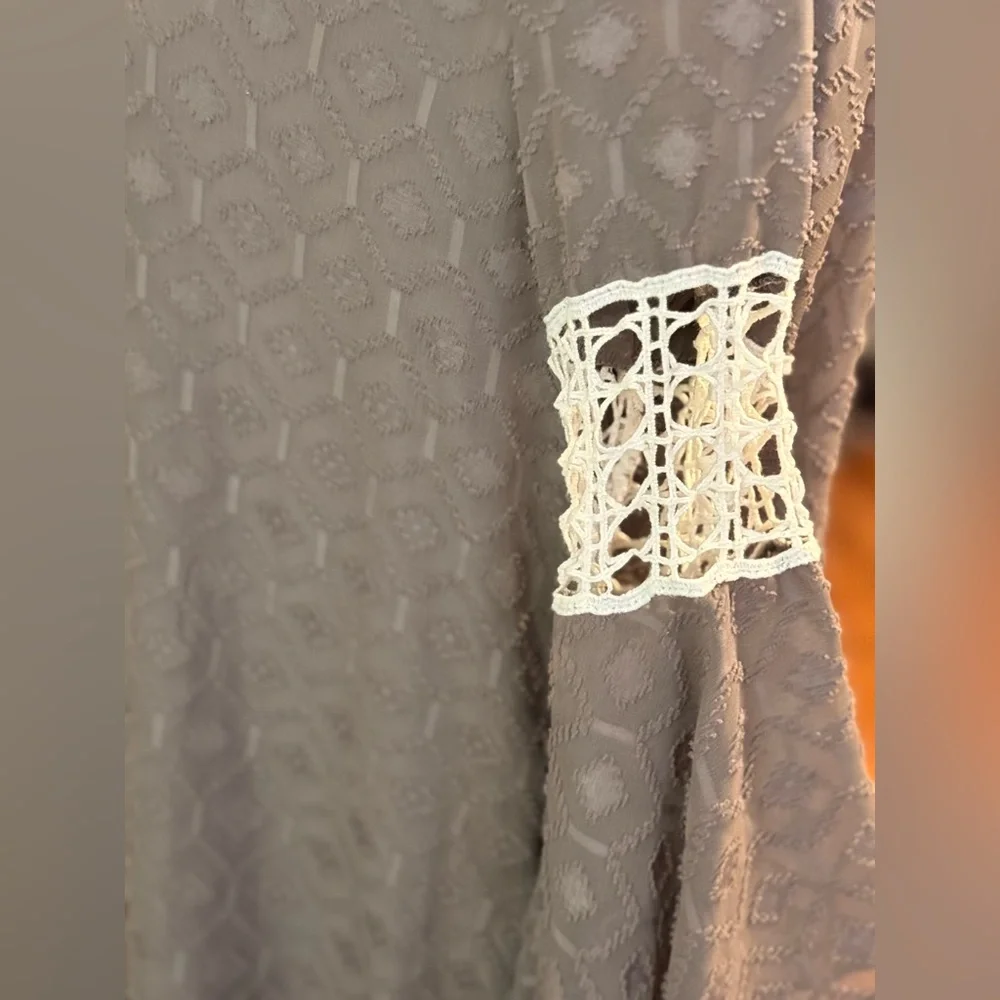 VaVa by Joy Han Bohemian Dress Taupe Big Bell Sleeves Size L Lace Trim Lined - Picture 8 of 14